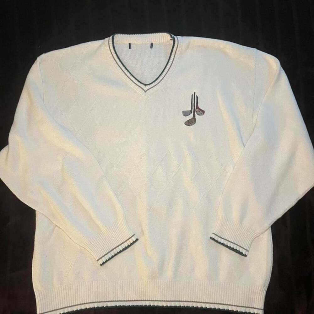Vintage Golf V-Neck Sweater - White & Green - Embroidered Golf Clubs - XL